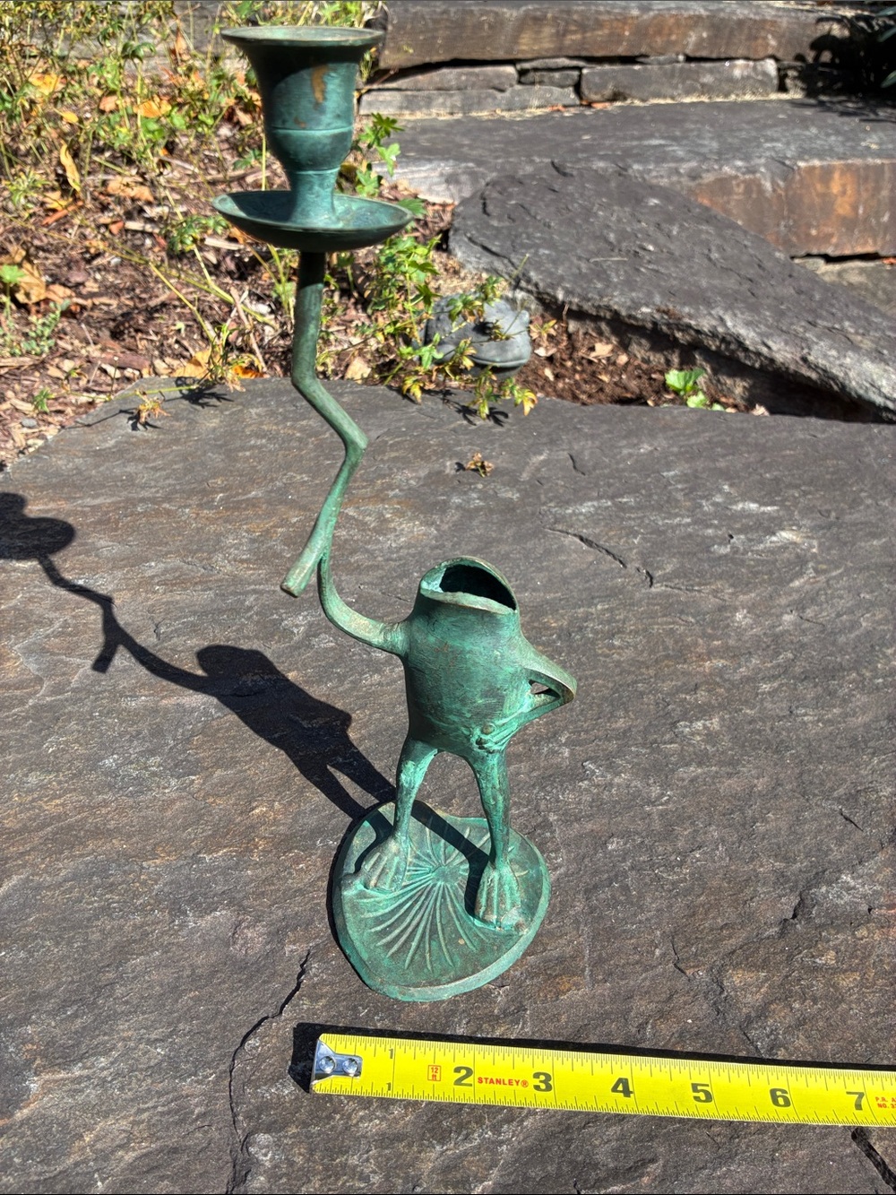 Vintage Whimsical Frog Verdigris Brass Candlestick Holder (1 of 2)